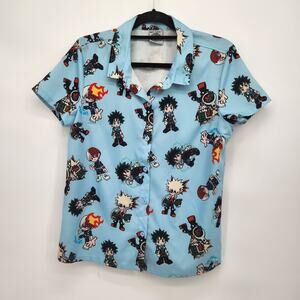 Hot Topic Blue My Hero Academia Chibi Heroes Woven Button up Shirt Women's M‎